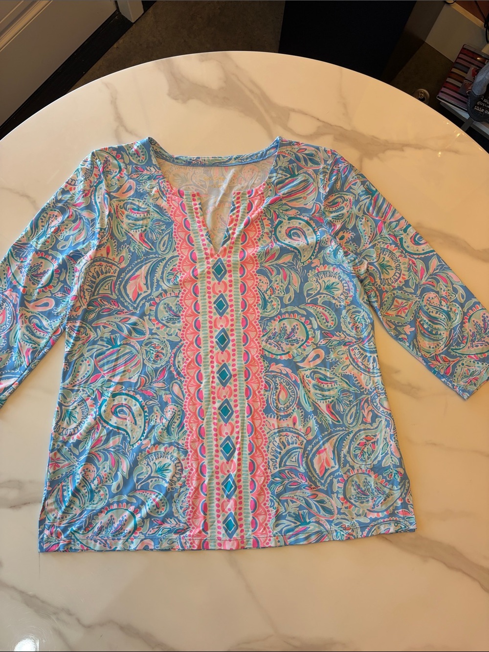 Lilly Pulitzer Blue Paisley Split-Neck Tunic with Pink & Aqua Trim